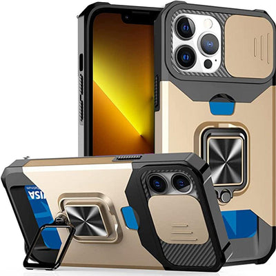 Multifunctional Card Holder Heavy Duty Protective iPhone Case For iPhone 14 13 12 11 Pro Max Slide Camera Kickstand Card Holder Slot Wallet Protective With Ring Stand Cover Magnetic Strong Phone Case