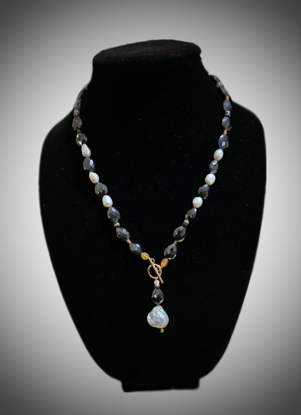 Natural Black Mossanite and Freshwater Pearl Necklace