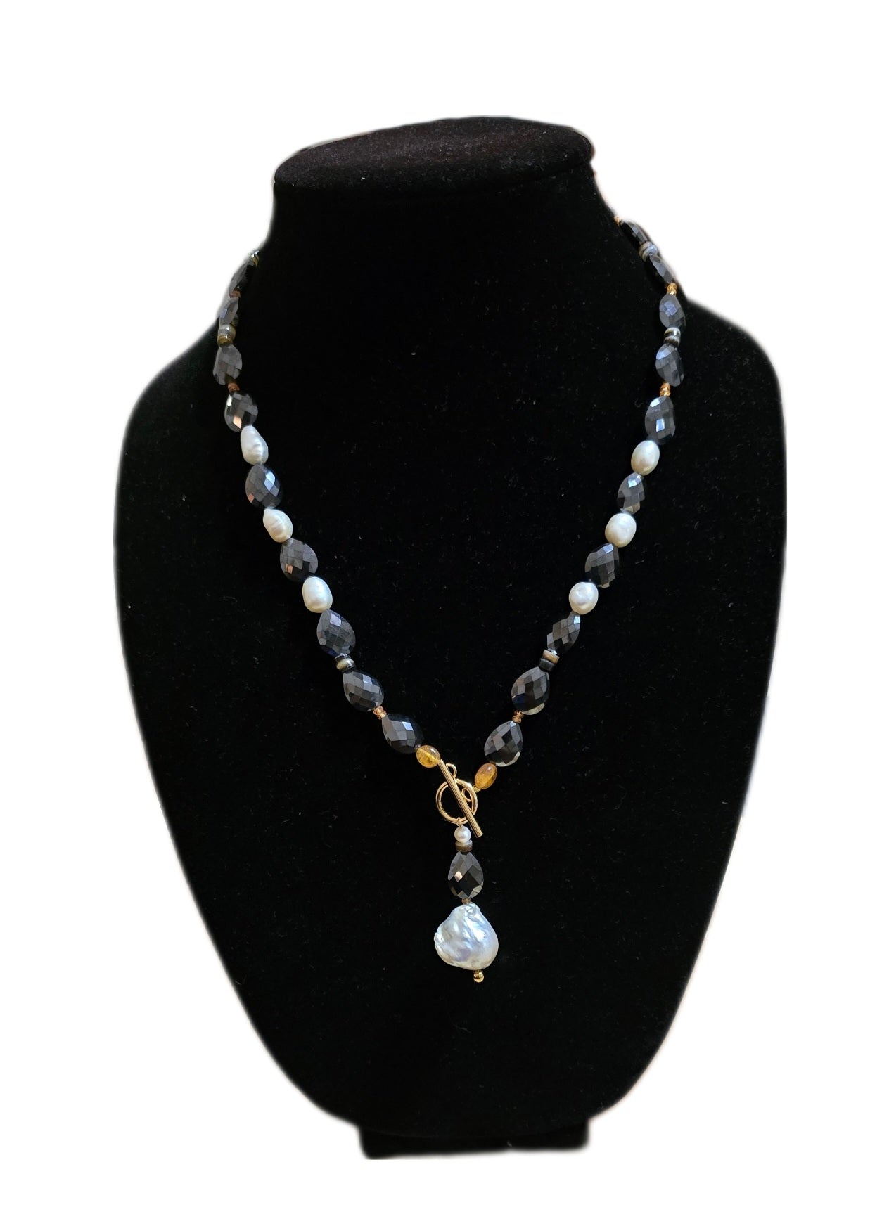 Natural Black Mossanite and Freshwater Pearl Necklace