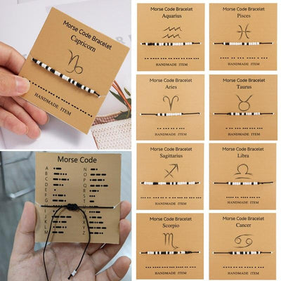 New Charm Bracelet For Women Men Twelve Zodiac Black White Rice Beads Adjustable Rope Chain Bracelet Natural Stone Beads Bracelet For Boyfriend Girlfriend Women