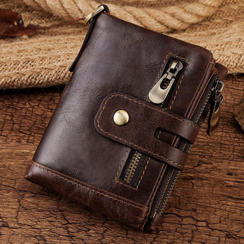 New Men's Leather Wallet Large Capacity Buckle Retro Zipper Coin Purse Anti-theft Clutch