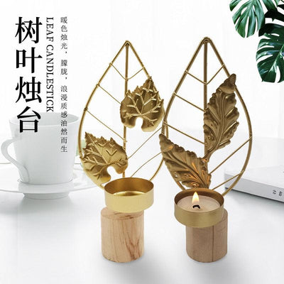 New Year Home Decoration Candle Holder Ornament Decoration Candle Holders Home Décor for Bathroom Decorations Vintage Leaf Shape Candle Holder Centerpieces for Table Wedding Outdoor Indoor Decor Golden Wrought Iron Leaf Wood Base Candle holder