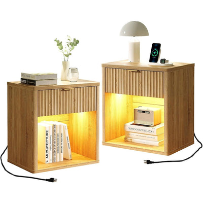 Fluted LED Nightstand with Charging Station, Drawer Side Tables, Oak - Vektaya