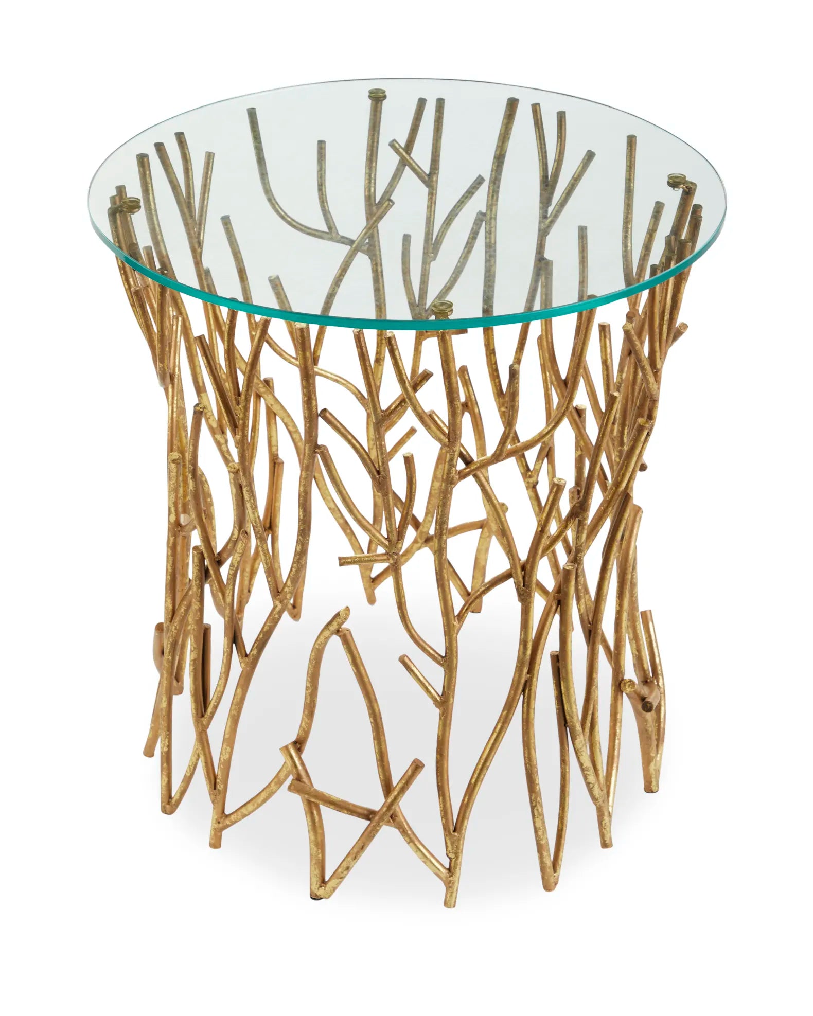 Italian Golden Iron Round Twig Accent Side Table with Glass Top
