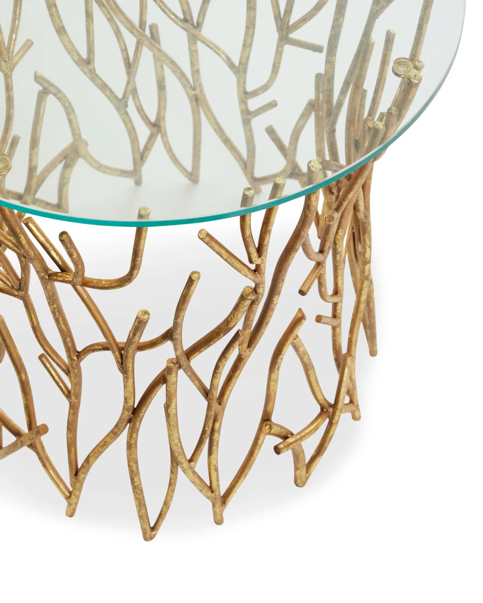 Italian Golden Iron Round Twig Accent Side Table with Glass Top