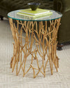Italian Golden Iron Round Twig Accent Side Table with Glass Top