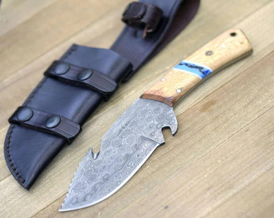 Oasis Damascus Gut Hook Knife with Exotic Leopard Wood Handle
