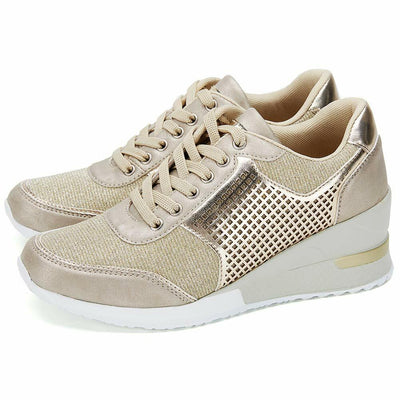 Gold High Heel Wedge Sneakers SM1-GOLD-6.5A Women Lace Up New