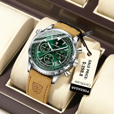 POEDAGAR Men's Luxury Quartz Chronograph Watch - Waterproof, Luminous, Leather - Military Sports Style