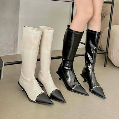 Pointed Toe Women Knee High Boots Black White Sock Booties Thin Mid Heels New Arrivals Ladies Party Pumps Dress Shoes Woman