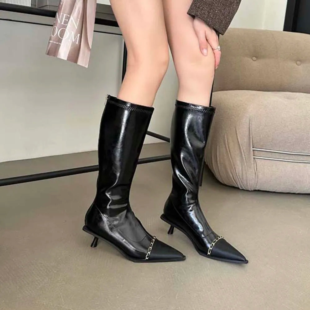 Pointed Toe Women Knee High Boots Black White Sock Booties Thin Mid Heels New Arrivals Ladies Party Pumps Dress Shoes Woman