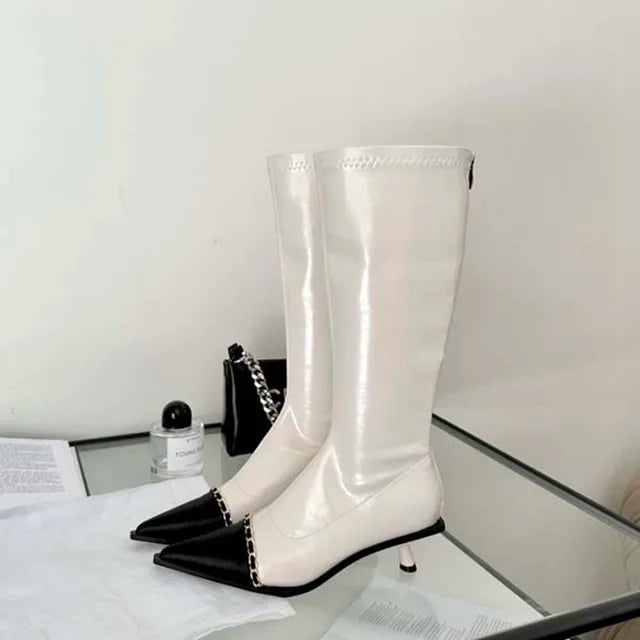 Pointed Toe Women Knee High Boots Black White Sock Booties Thin Mid Heels New Arrivals Ladies Party Pumps Dress Shoes Woman