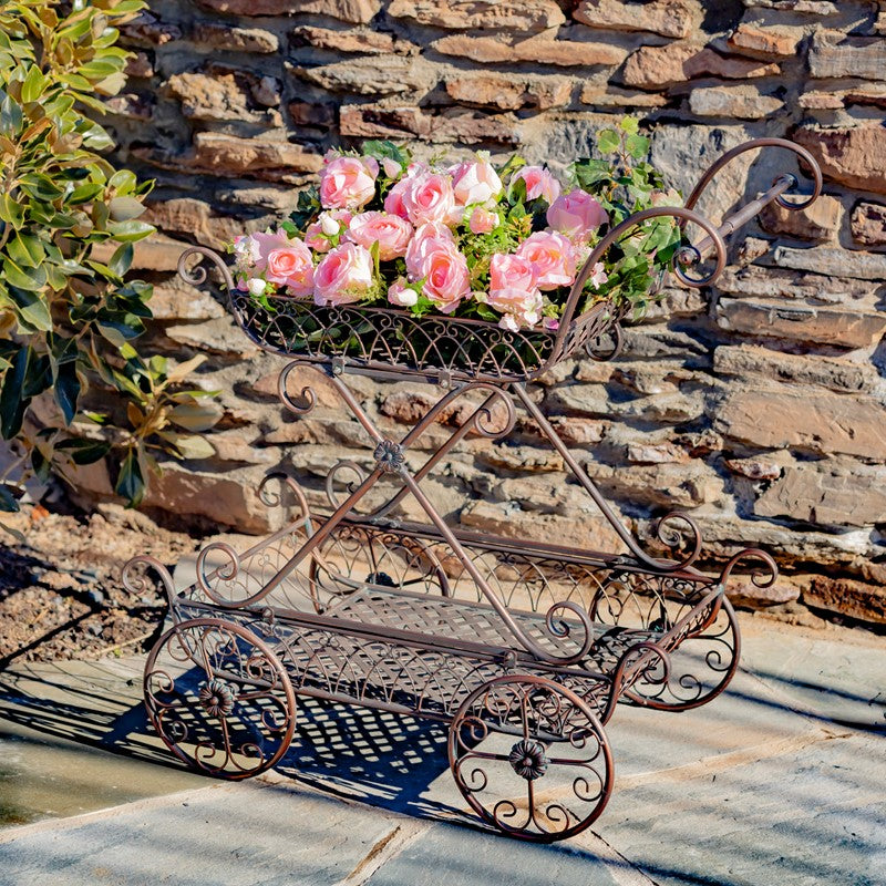 Two Tier Iron Flower Push Cart