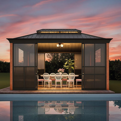 Solstice Premium All-Season Outdoor Wood Grain Sunroom With Sliding Doors And Double Top Roof (SAK58317)