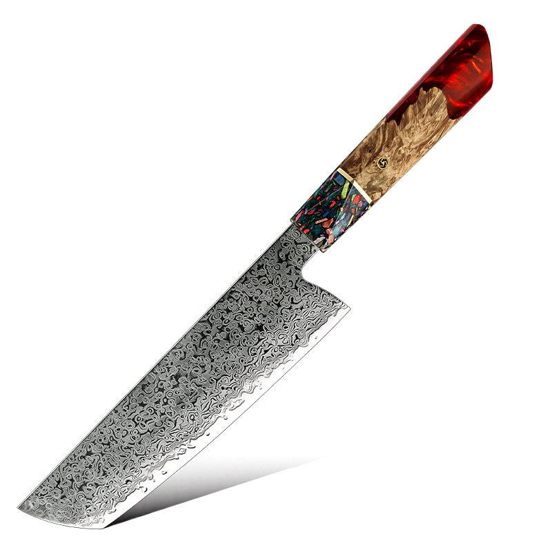 Pristine Japanese Chef Knife Set with VG-10 Damascus Steel Exotic Stabilized Olive Wood Handle & Sheath