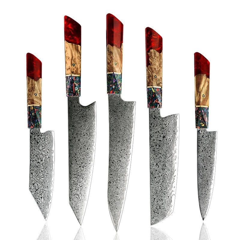 Pristine Japanese Chef Knife Set with VG-10 Damascus Steel Exotic Stabilized Olive Wood Handle & Sheath