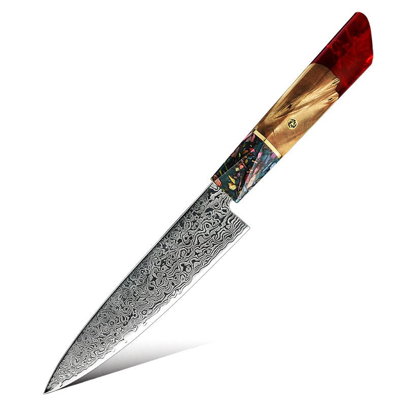 Pristine Japanese Chef Knife Set with VG-10 Damascus Steel Exotic Stabilized Olive Wood Handle & Sheath