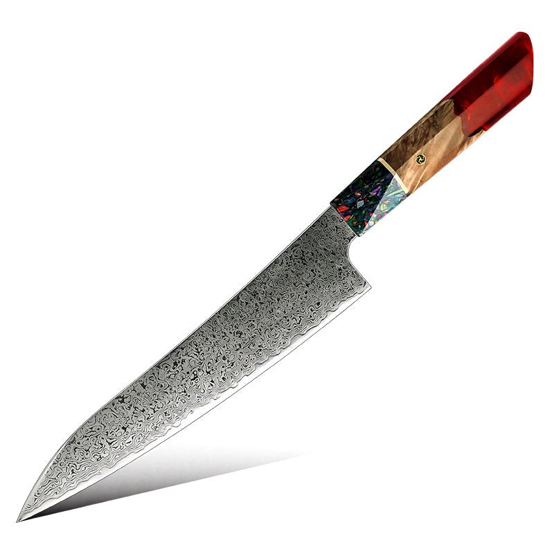 Pristine Japanese Chef Knife Set with VG-10 Damascus Steel Exotic Stabilized Olive Wood Handle & Sheath