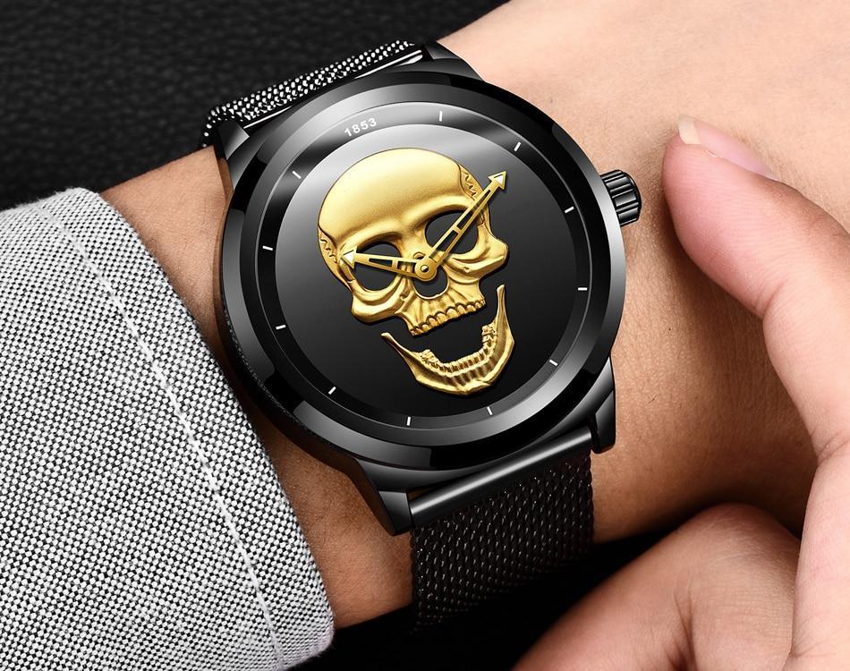 Men's Waterproof Stainless Steel Watch 3D Skull And Fluorescent Hands Unique Design Perfect Gift