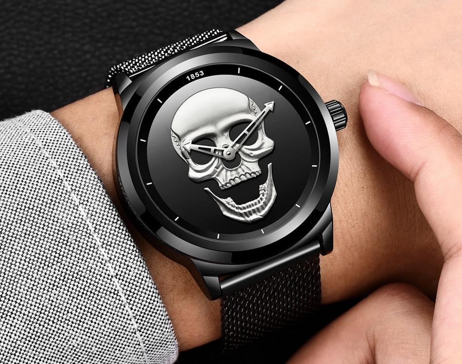 Men's Waterproof Stainless Steel Watch 3D Skull And Fluorescent Hands Unique Design Perfect Gift