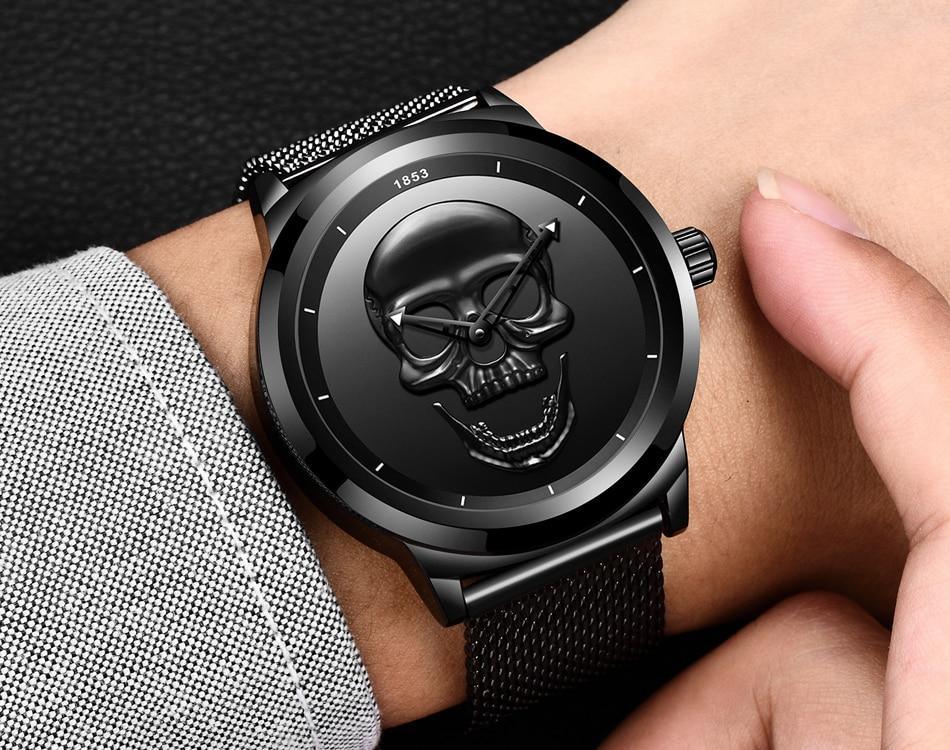 Men's Waterproof Stainless Steel Watch 3D Skull And Fluorescent Hands Unique Design Perfect Gift