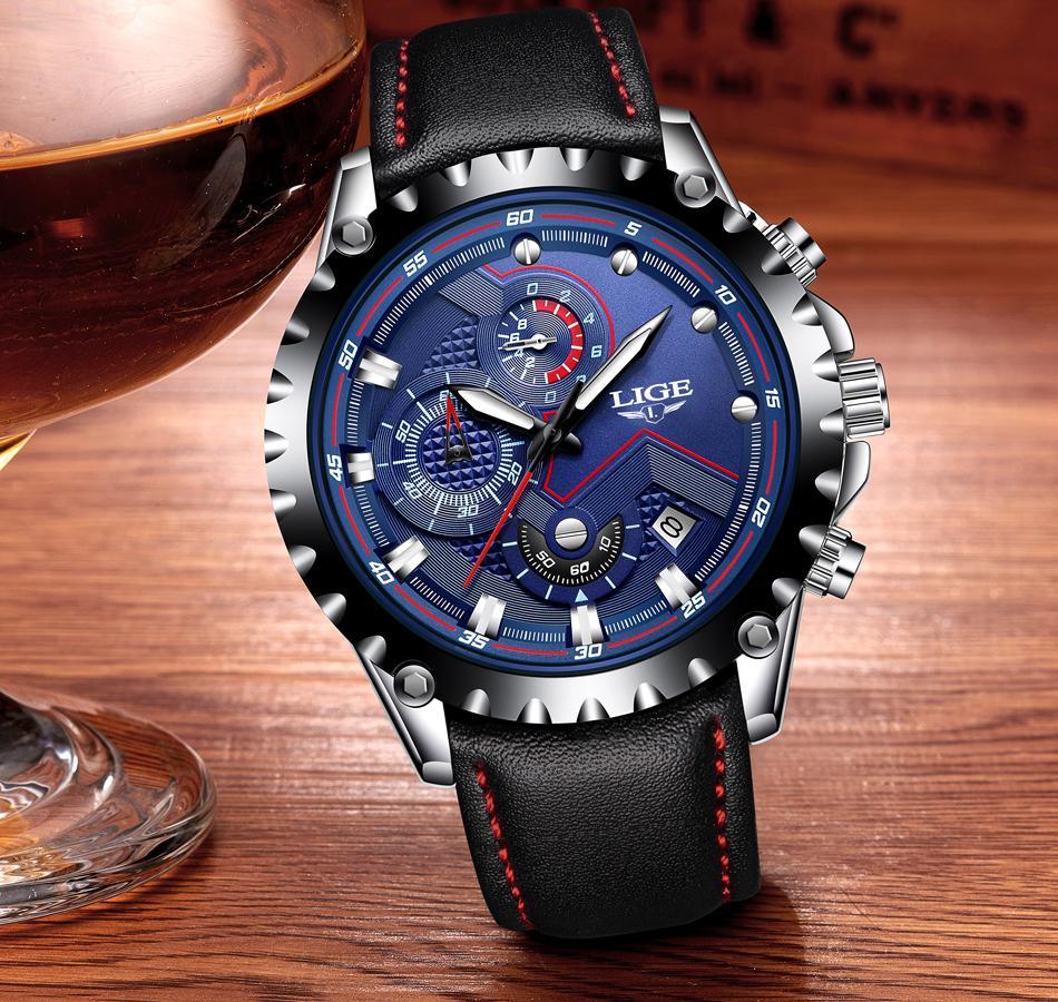 Men's Watch With Chronometers Day Display And Fluorescent Hands Unique Design Excellent Gift