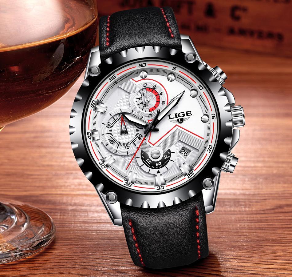 Men's Watch With Chronometers Day Display And Fluorescent Hands Unique Design Excellent Gift