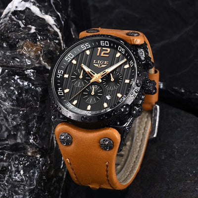 Men's Waterproof Watch With Leather Belts, Chronometers And Day Display Fluorescent Pointers Excellent Gift Unique Design