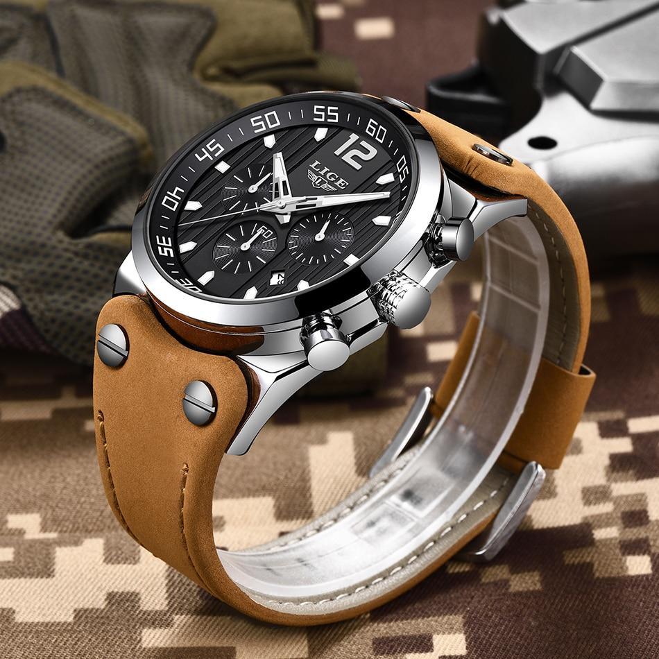 Men's Waterproof Watch With Leather Belts, Chronometers And Day Display Fluorescent Pointers Excellent Gift Unique Design