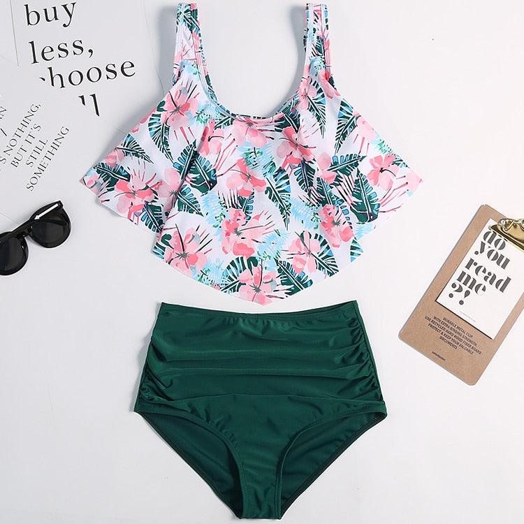 Women High Waist Bikini Plus Size Swimwear Summer Swimsuit Beach Bathing Suit Ruffle Bikini Floral Printed Ruffle High Waist Bikini Set Women's Tummy Control Bathing Suit Swimsuit Flounce Peplum