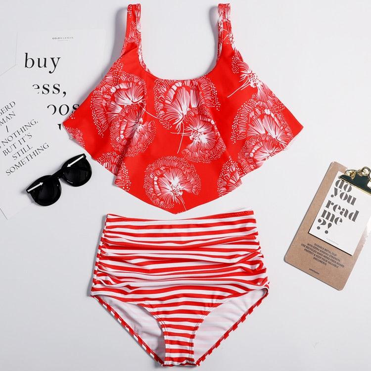Women High Waist Bikini Plus Size Swimwear Summer Swimsuit Beach Bathing Suit Ruffle Bikini Floral Printed Ruffle High Waist Bikini Set Women's Tummy Control Bathing Suit Swimsuit Flounce Peplum