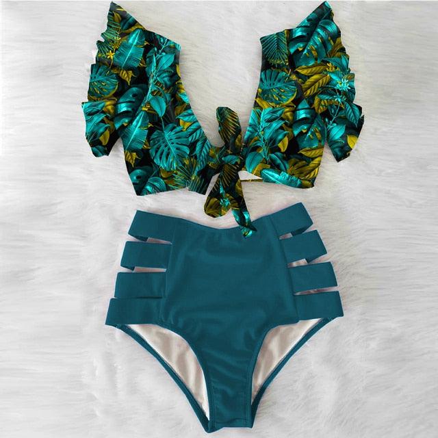 High Waist Ruffled Bikini Set Flounce Bikini Swimwear Women's Cute Ruffle 2 Piece Bathing Suits Elegant Bikini Swimsuits With Cheeky Floral Women Two Pieces Swimsuit Floral Beachwear V-Neck Bathing Suit