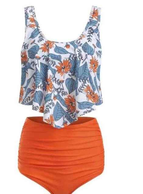 Women High Waist Bikini Plus Size Swimwear Summer Swimsuit Beach Bathing Suit Ruffle Bikini Floral Printed Ruffle High Waist Bikini Set Women's Tummy Control Bathing Suit Swimsuit Flounce Peplum
