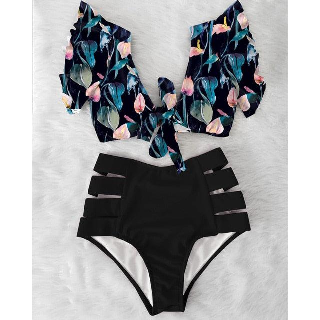 High Waist Ruffled Bikini Set Flounce Bikini Swimwear Women's Cute Ruffle 2 Piece Bathing Suits Elegant Bikini Swimsuits With Cheeky Floral Women Two Pieces Swimsuit Floral Beachwear V-Neck Bathing Suit