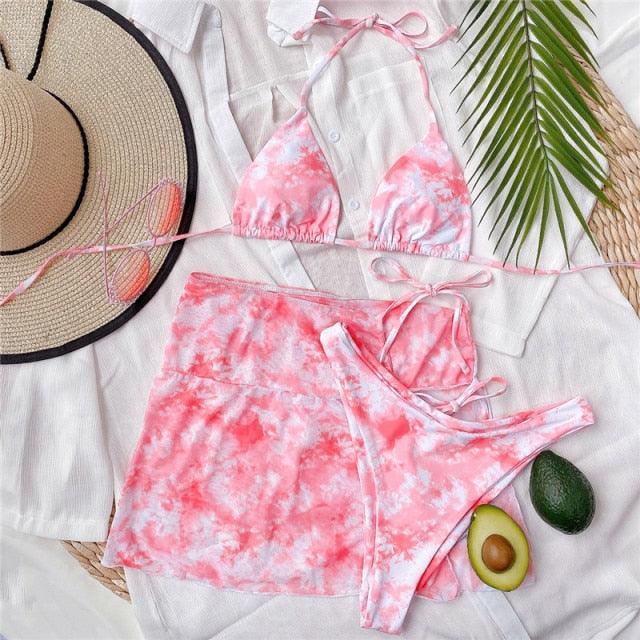 3 Piece Women Bikini Modern Swimsuit Women High Cut Suit Halter Swimwear Women's Bikini Swimsuits With Wrap Skirt Lace Up Pieces Strings High Cut Bikini Set Bathing Suits Female Triangle Backless Bathing Suit