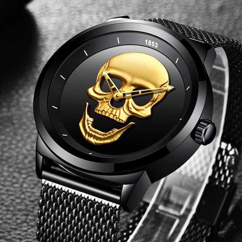 Men's Waterproof Stainless Steel Watch 3D Skull And Fluorescent Hands Unique Design Perfect Gift