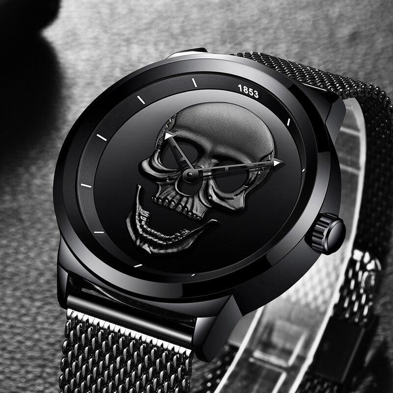 Men's Waterproof Stainless Steel Watch 3D Skull And Fluorescent Hands Unique Design Perfect Gift