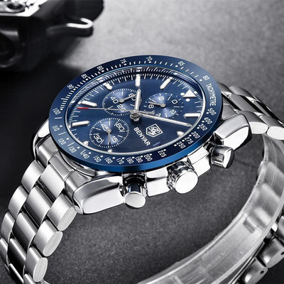 New Men Silver Blue Watch Business Analog Chronogragh Full Steel Luxury Casual Male Waterproof Sports Design Watches