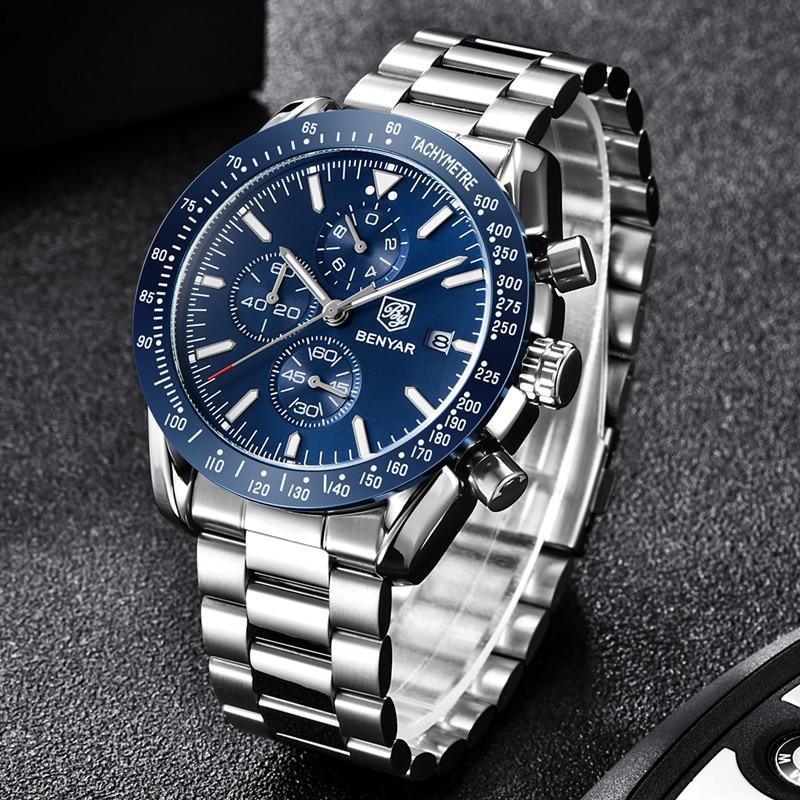 New Men Silver Blue Watch Business Analog Chronogragh Full Steel Luxury Casual Male Waterproof Sports Design Watches