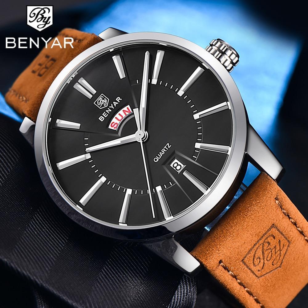 Business Fashion Men Watches Brown Luxury Military Leather Band Wristwatches Date Week Display Watch