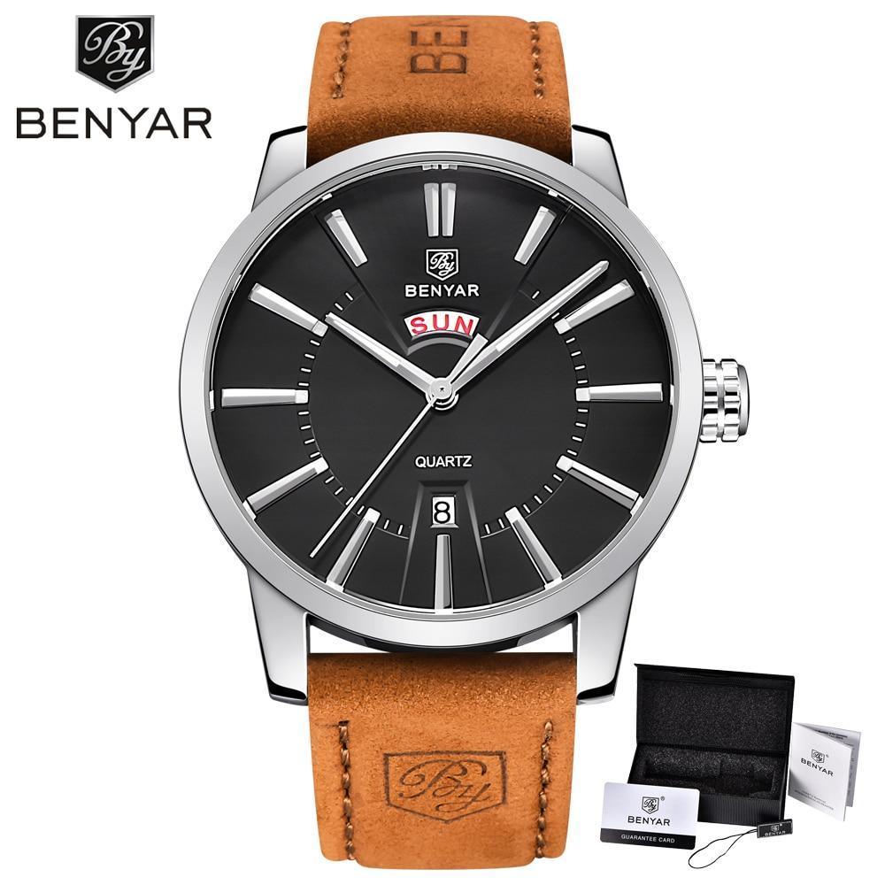Business Fashion Men Watches Brown Luxury Military Leather Band Wristwatches Date Week Display Watch