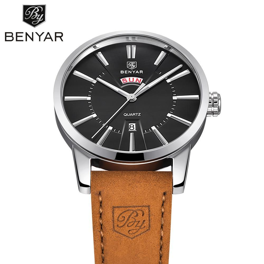 Business Fashion Men Watches Brown Luxury Military Leather Band Wristwatches Date Week Display Watch