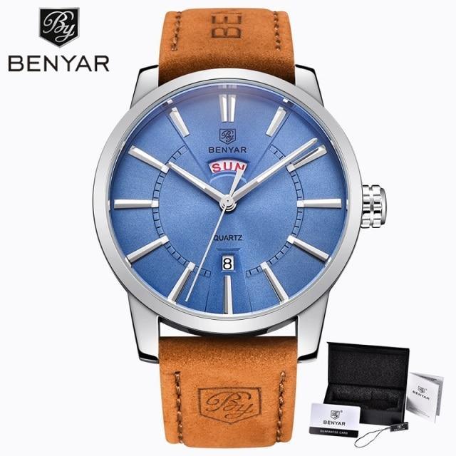 Business Fashion Men Watches Brown Luxury Military Leather Band Wristwatches Date Week Display Watch