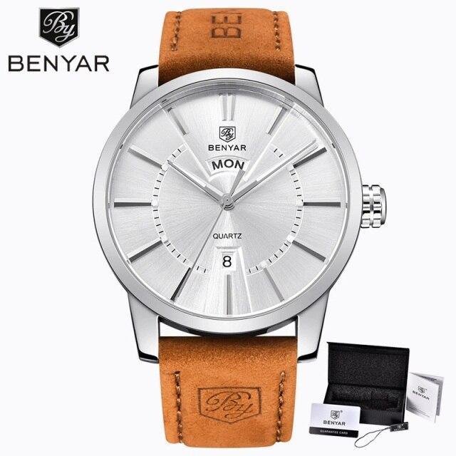 Business Fashion Men Watches Brown Luxury Military Leather Band Wristwatches Date Week Display Watch