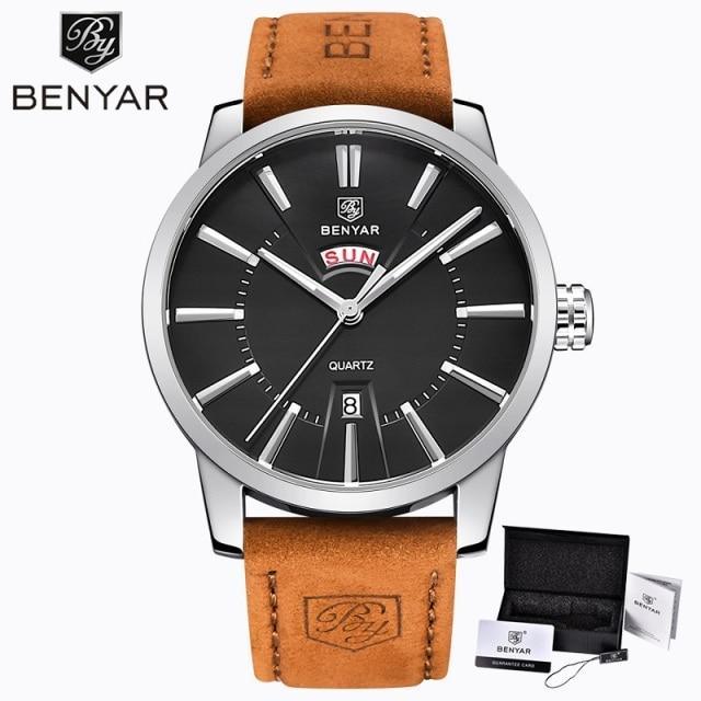 Business Fashion Men Watches Brown Luxury Military Leather Band Wristwatches Date Week Display Watch