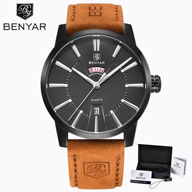 Business Fashion Men Watches Brown Luxury Military Leather Band Wristwatches Date Week Display Watch