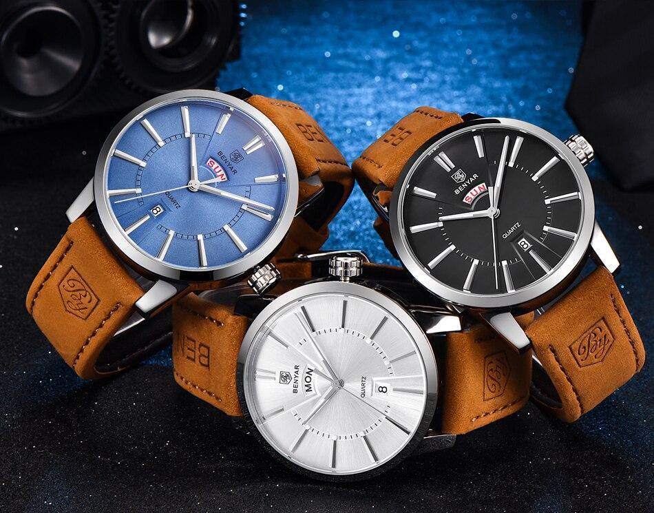 Business Fashion Men Watches Brown Luxury Military Leather Band Wristwatches Date Week Display Watch