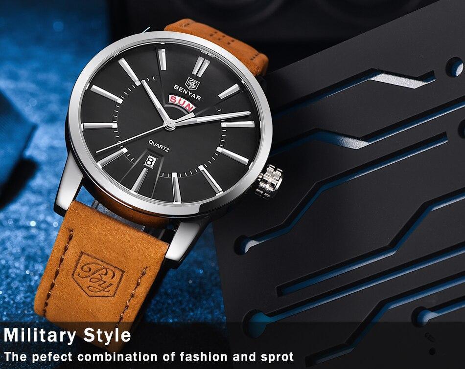 Business Fashion Men Watches Brown Luxury Military Leather Band Wristwatches Date Week Display Watch