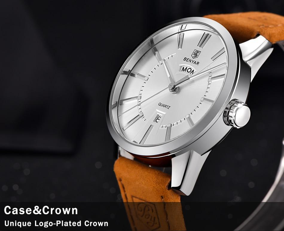 Business Fashion Men Watches Brown Luxury Military Leather Band Wristwatches Date Week Display Watch
