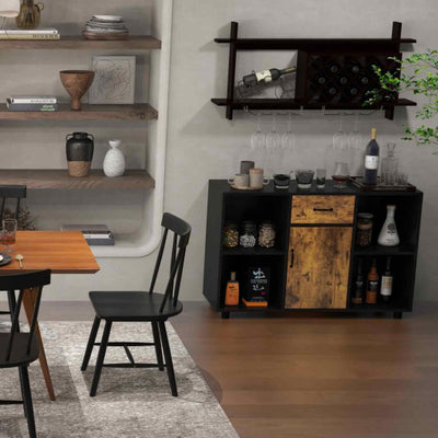 3-in-1 Dining Set: Windsor Chairs Industrial Sideboard & Wall-Mount Wine Rack Combo